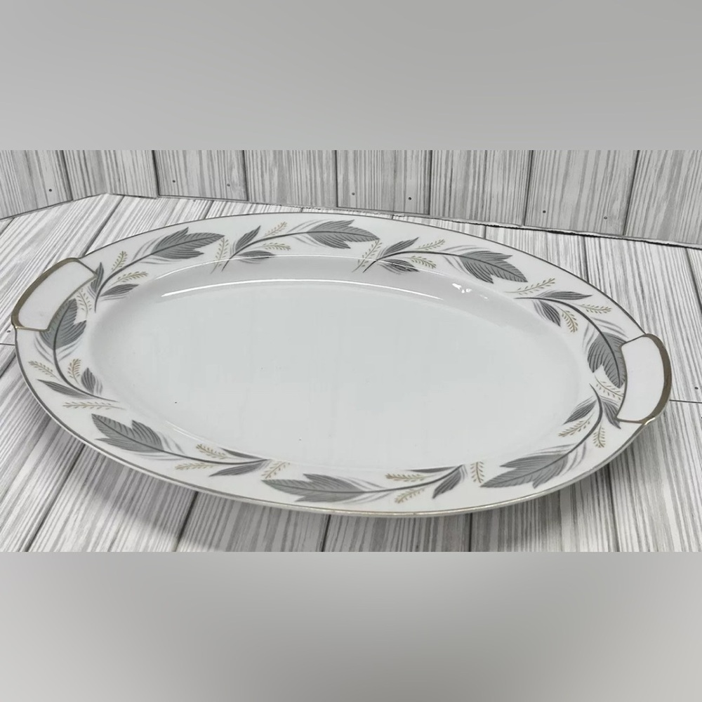 Vintage Mikado China SEPTEMBER Meat Platter White Gray Gold Leaf 14.75”